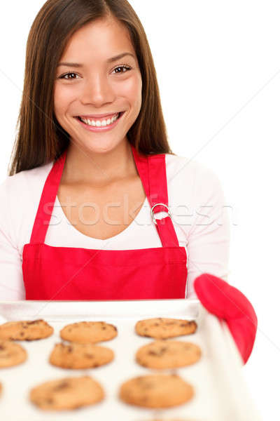 Foto stock: Mulher · bolinhos · forno · bandeja