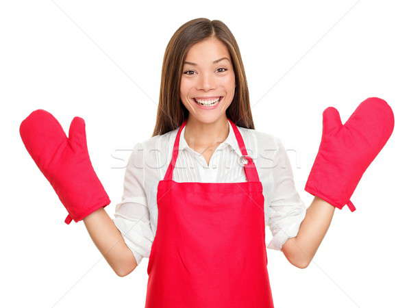 Stockfoto: Grappig · huisvrouw · oven · wanten · vrouw · Rood