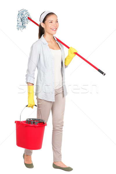 Werkster emmer wassen vloer lopen glimlachend Stockfoto © Ariwasabi