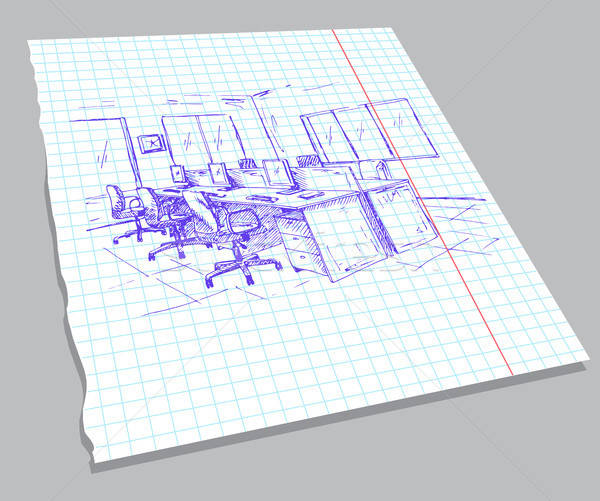 Hand drawn sketch of the interior on a notebook sheet. Quick drawing of office furniture. Vector ill Stock photo © Arkadivna