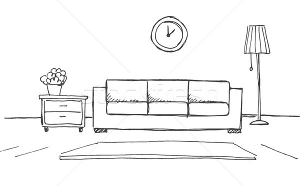 Stock fotó: Lineáris · rajz · belső · szoba · terv · virág