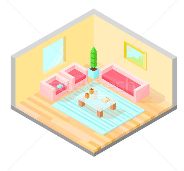 Living Room Isometric Design With Table Armchair Sofa