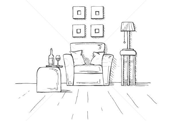 Armchair, coffee table with a glass and bottle. Lamp on a high stool. Hand drawn vector illustration Stock photo © Arkadivna