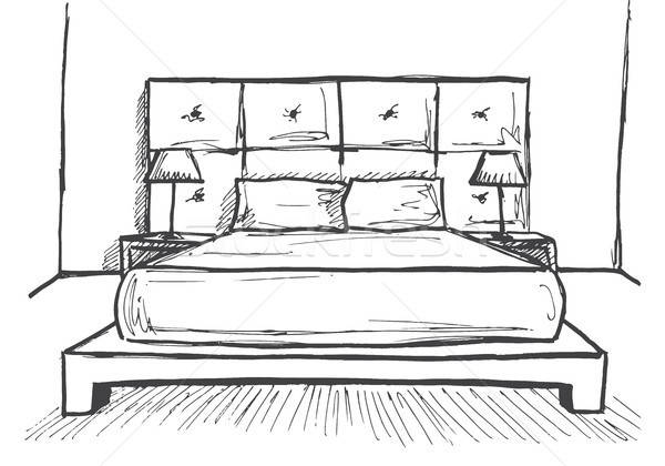 Stock foto: Hand · gezeichnet · Skizze · linear · Innenraum · line · Schlafzimmer