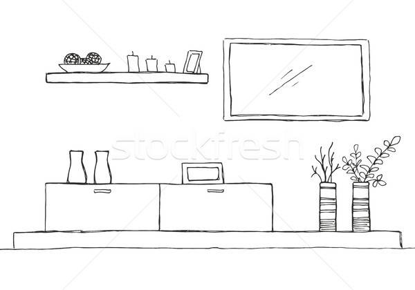 Hand drawn sketch. Linear sketch of the interior. Bookcase, dresser with TV and shelves. Vector illu Stock photo © Arkadivna