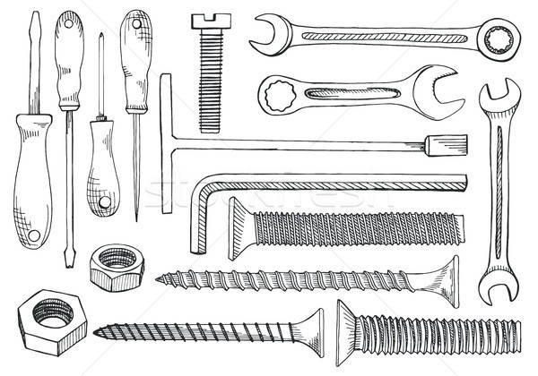 Set of tools and fasteners. Screwdriver, wrench, spanner, hex ke Stock photo © Arkadivna