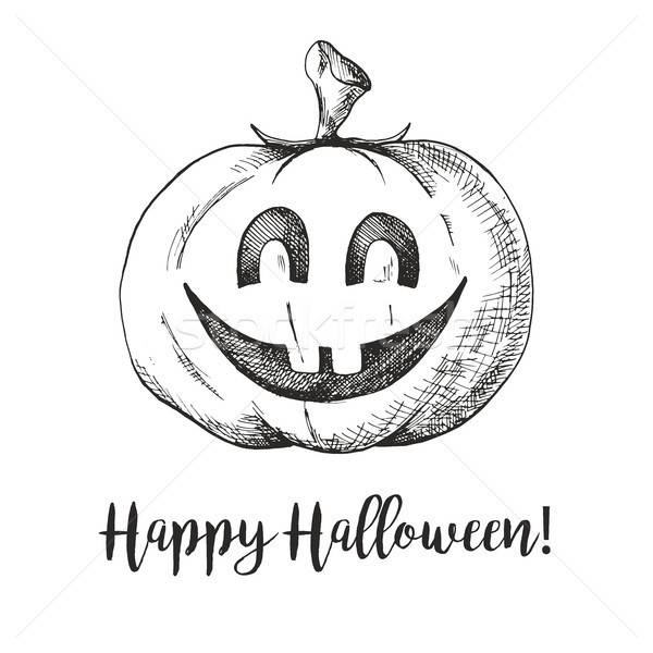 Foto stock: Etiqueta · calabaza · de · halloween · feliz · halloween · mano · sonrisa