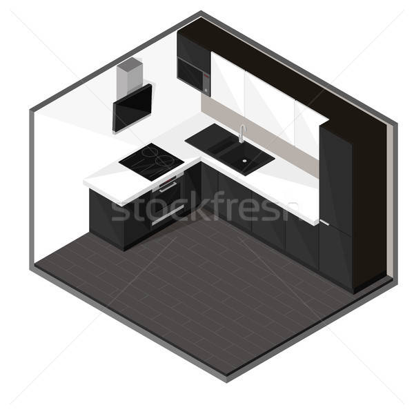 Foto stock: Preto · cozinha · isométrica · estilo · casa · quarto