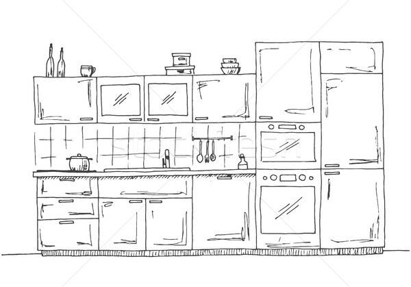 Hand drawn kitchen furniture. Kitchen with built-in microwave, oven and fridge. Vector illustration  Stock photo © Arkadivna
