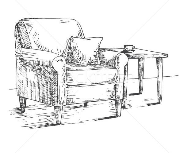 扶手椅 茶几 手工繪製 素描 風格 施工 商業照片 © Arkadivna