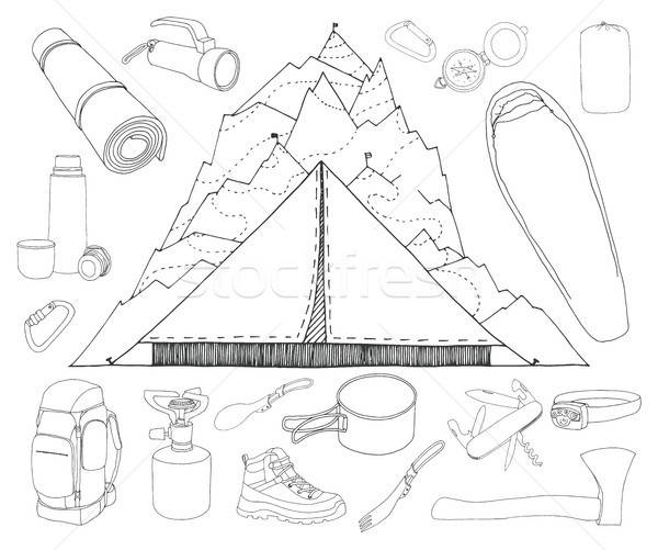 Tourisme camping tente montagnes dessinés à la main [[stock_photo]] © Arkadivna