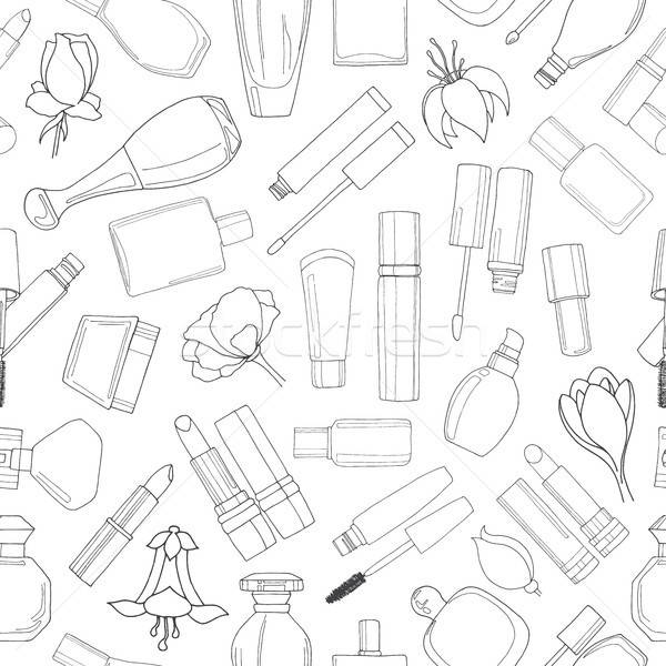 Seamless pattern with cosmetics. Lipsticks, mascara, cream. Vector illustration of a sketch style. Stock photo © Arkadivna