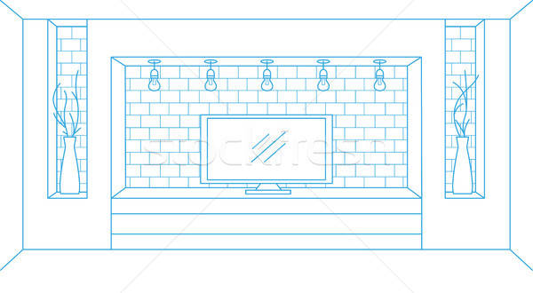 Linear sketch of the interior. Dresser with TV and shelves. Vector illustration. Stock photo © Arkadivna