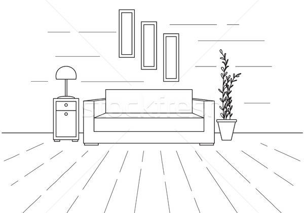 Modern interior. Sofa, floor lamp and bedside table. The clock hangs on the wall. In front of the so Stock photo © Arkadivna
