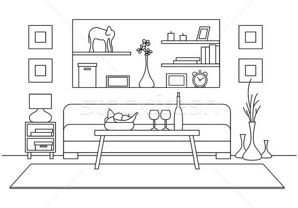 Linear sketch of interior. Table with glasses and bottle in front of the sofa. Vector illustration Stock photo © Arkadivna