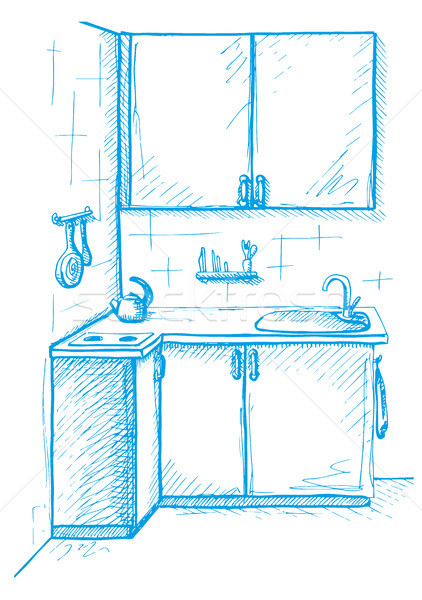 Hand drawn kitchen furniture. Vector illustration. Sketch drawn by a blue pen. Stock photo © Arkadivna