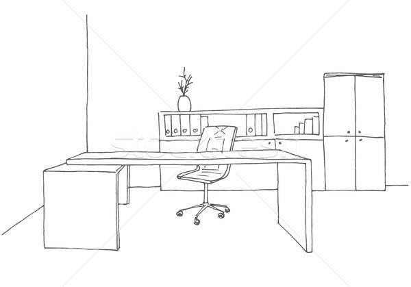 Hand Drawn Workplace Behind the Monitors. Working Table with Two Monitors,  Office Chair Stock Illustration - Illustration of cabinet, armchair:  110778881