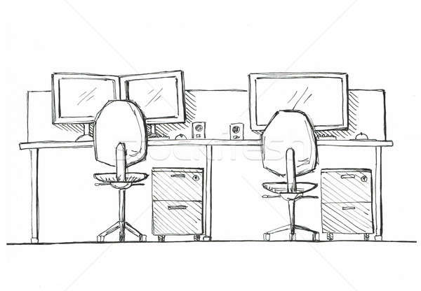 Open Space office. Workplaces outdoors. Tables, chairs and windows. Vector  illustration in a sketch style. Stock Vector | Adobe Stock