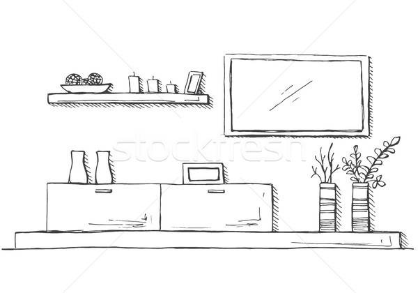 Hand drawn sketch. Linear sketch of the interior. Bookcase, dresser with TV and shelves. Vector illu Stock photo © Arkadivna