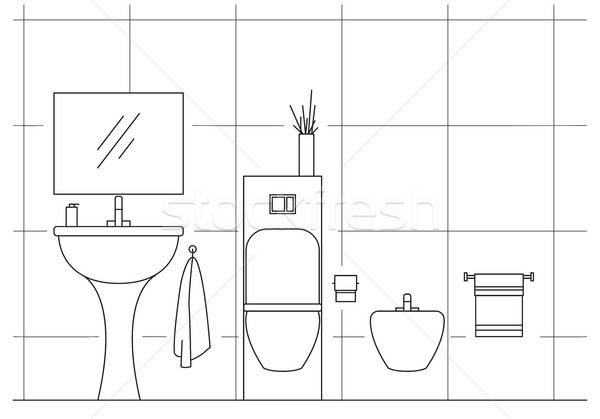 Bathroom. Washbasin, toilet, bidet. Vector illustration in a linear style. Stock photo © Arkadivna