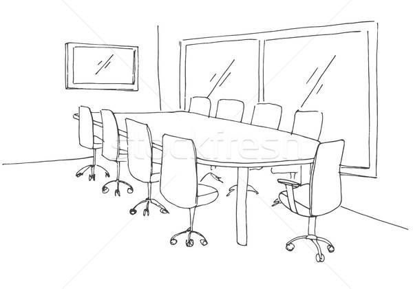 Conference Room In A Sketch Style Hand Drawn Office Desk Office