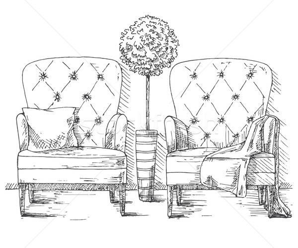 Hand drawn two large soft armchairs. Plant in a tall pot. On one armchair is a plaid, on the second  Stock photo © Arkadivna
