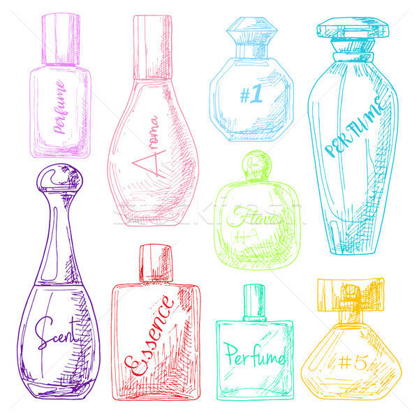 Stockfoto: Ingesteld · verschillend · flessen · parfum · schets · stijl