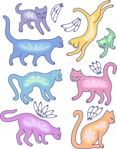 Stock photo: Eight cat silhouettes and fly flowers