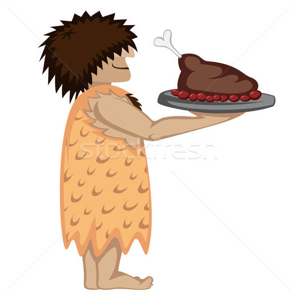 Paleo garçon plateau alimentaire cartoon style [[stock_photo]] © arleevector