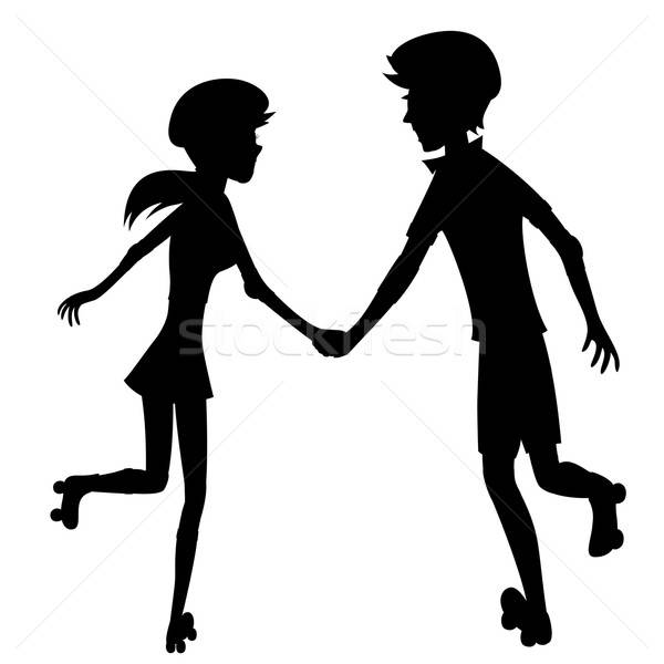 Happy roller-skating couple (silhouette) Stock photo © arleevector