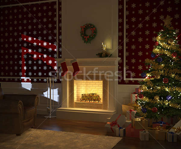 Stock photo: cozy xmas fireplace with tree and presents