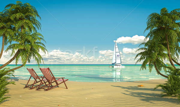 Pastoral plaj görmek caribbean güverte sandalye Stok fotoğraf © arquiplay77