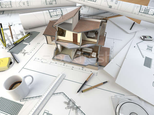 Architect tekening tabel model plannen Stockfoto © arquiplay77