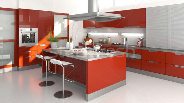 Foto stock: Rojo · cocina · 3d · casa · ventana · piso