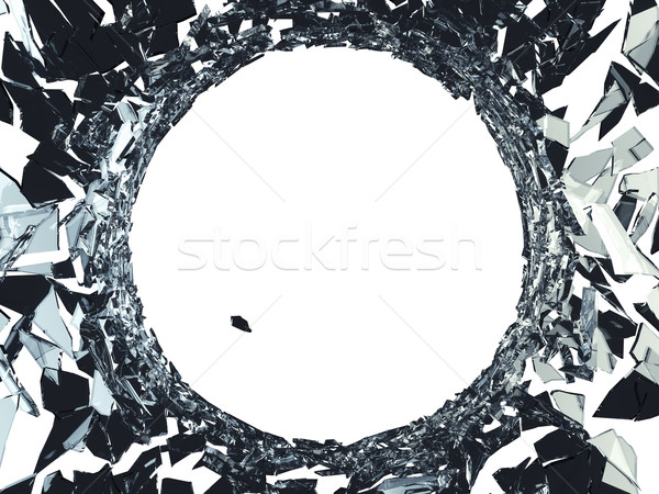 Foto stock: Agujero · de · bala · fuerte · piezas · vidrios · rotos · blanco · resumen