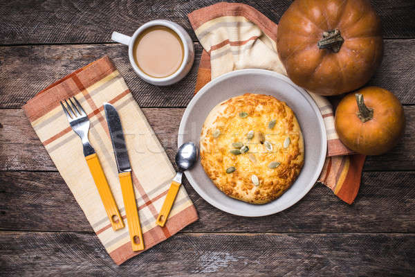 Coffee with flatbread and pumpkins in rustic style Stock photo © Arsgera