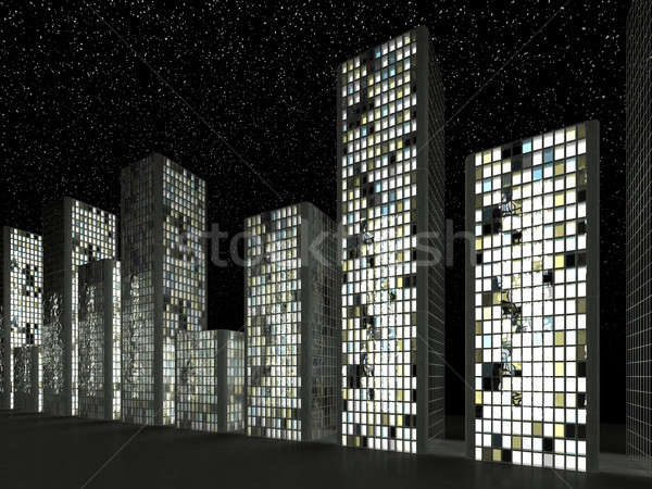 City: Abstract skyscrapers and starry sky Stock photo © Arsgera