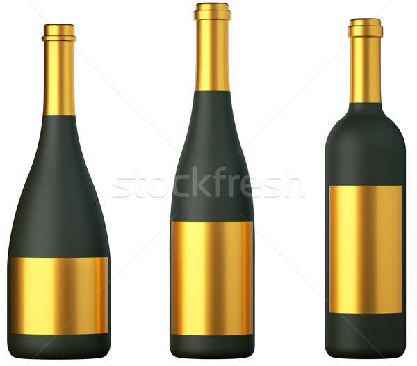 Foto stock: Tres · negro · botellas · vino · dorado