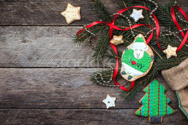 New Year 2015 green sheep cookie and holiday pastry on wood Stock photo © Arsgera