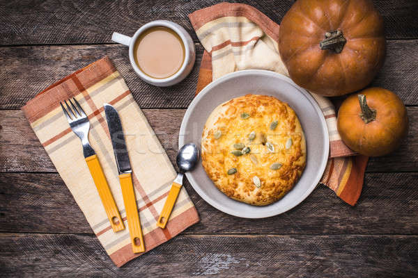 Morning coffee with flatbread and pumpkins in rustic style Stock photo © Arsgera