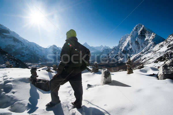 Climber and Cho La pass at daybreak in Himalayas Stock photo © Arsgera