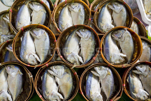 Stockfoto: Makreel · gestoomd · bamboe · mand · markt · vis