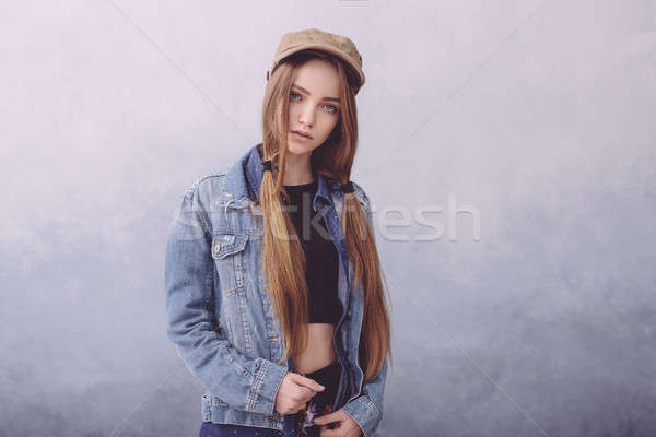 Closeup fashion studio portrait of hipster young tender girl Stock photo © artfotodima