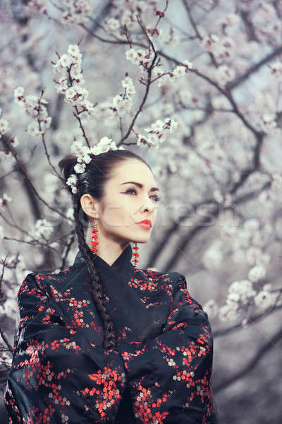 Stok fotoğraf: Geyşa · kırmızı · kimono · sakura · çekici · Asya