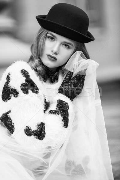 Stylish Retro Lady Portrait New Look. Accessories Hat and Gloves Stock photo © artfotodima