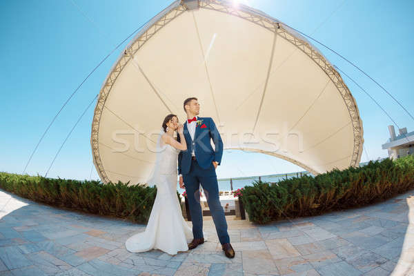 Fiatal esküvő pár áll kint élvezi Stock fotó © artfotodima