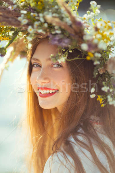 Güzel kız çayır portre çelenk çiçekler Stok fotoğraf © artfotodima