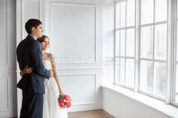 Stockfoto: Bruid · bruidegom · binnenshuis · bruiloft · paar · liefde