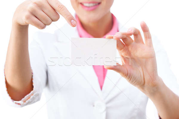 Business card - businesswoman holding blank sign. All isolated on white background. Stock photo © artfotodima