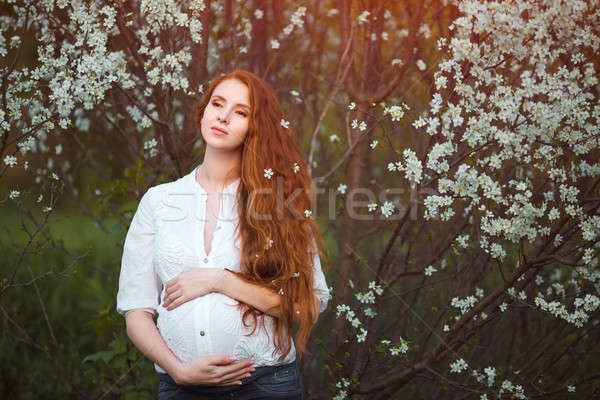 Gyönyörű terhes nő virágzó kert áll fák Stock fotó © artfotodima